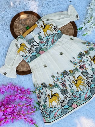 Fuchsic Heavy Embroidery Work On Khadi Cotton Fabric Kids Frock-White / 0-3 Month