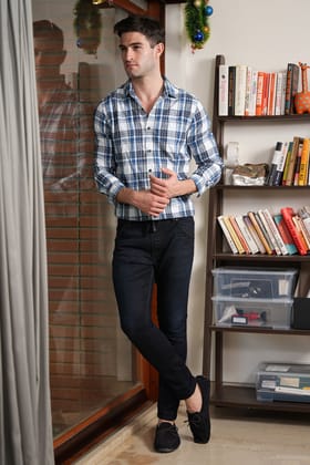 Akira - Indigo Check Shirt - Blue-S-38 / BLUE