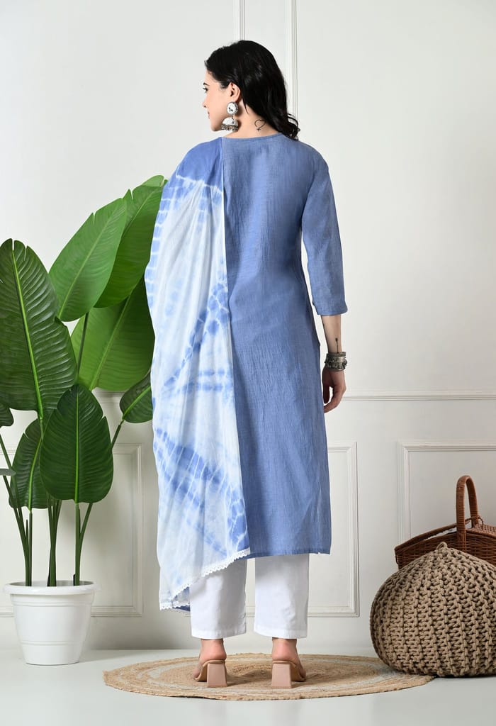 "Hand Embroidered Chikankari & Cut Dana Work Denim Cotton Kurta Set with Tie-Dye Dupatta "