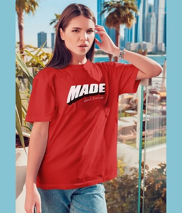 Leotude Women Cotton Blend Printed Oversized Fit Round Neck T-Shirt ( Red )