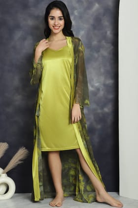 Green Colour Soild Printed Georgette Nightdress With Robe-S