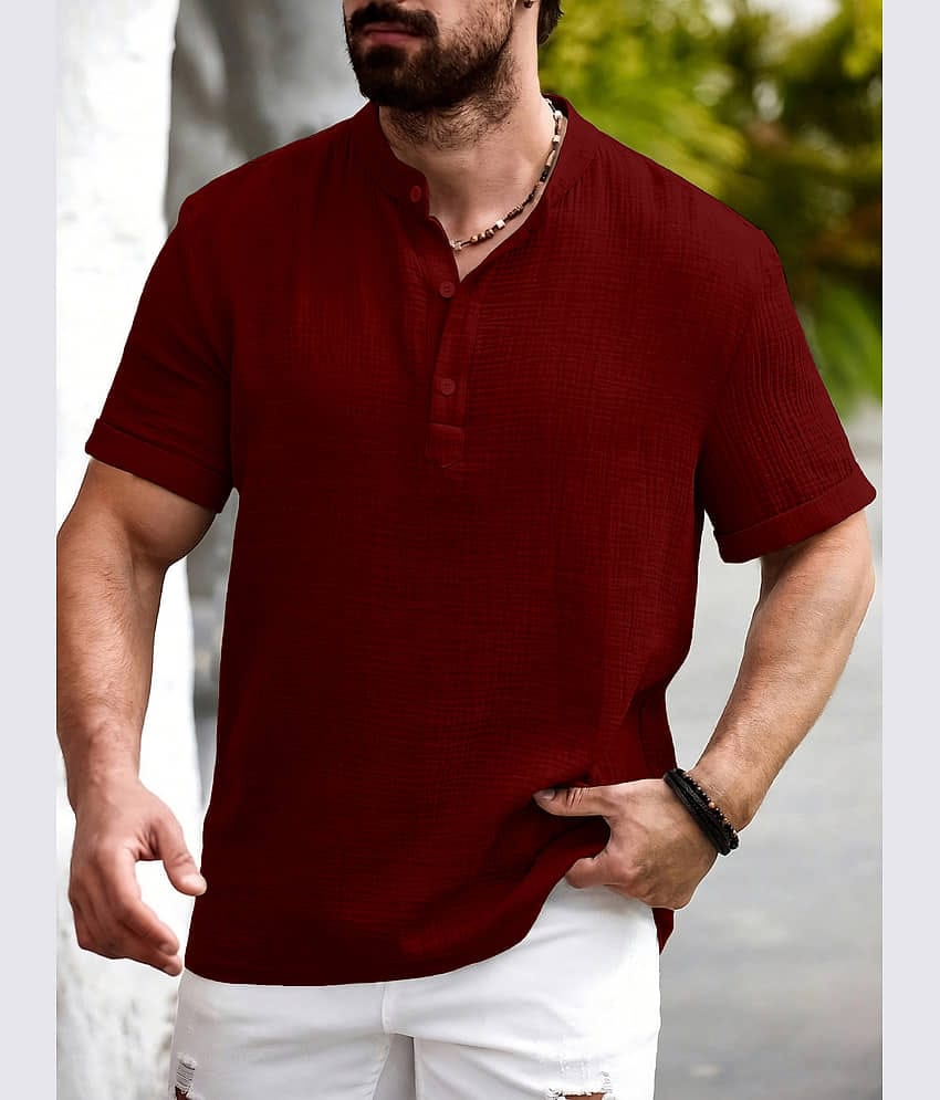 WEBRIC Cotton Blend Self Design Shirt Style Kurta For Men ( Maroon )