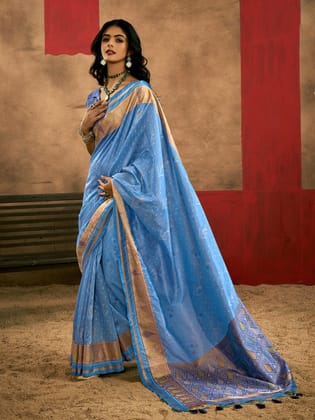 Light Blue Pure Patola Handloom Weaving Silk Saree