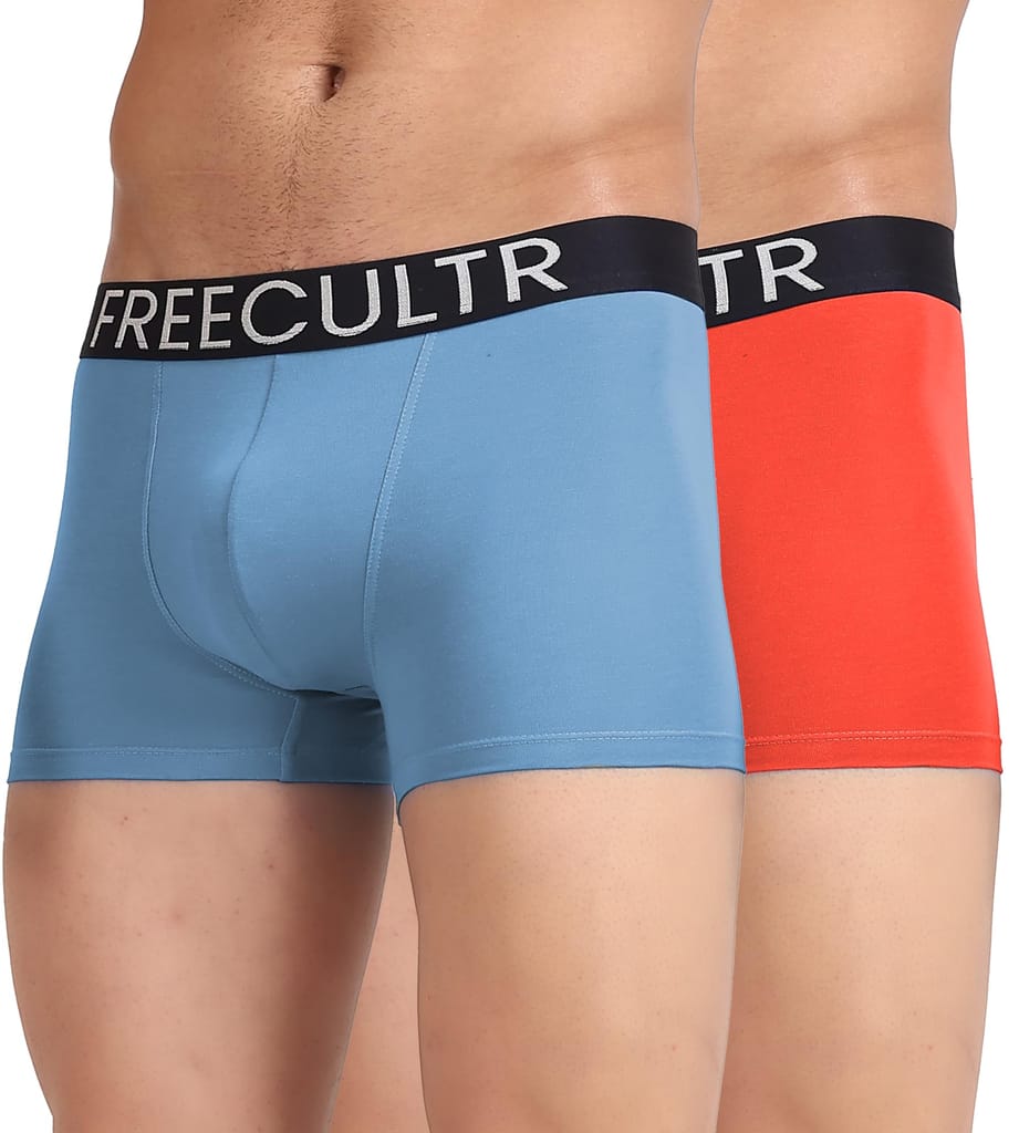 Freecultr Men's Underwear Organic Cotton (Ultrasoft Waistband) Premium Snug-Fit Trunk  Pack of 2-Coral,Shadow Blue