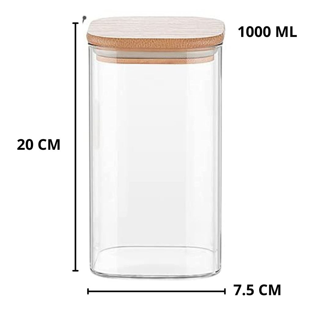 Femora Borosilicate Glass Bamboo Lid Air Tight Jar - 1000 ML, Set of 4, Free Replacement of Lids