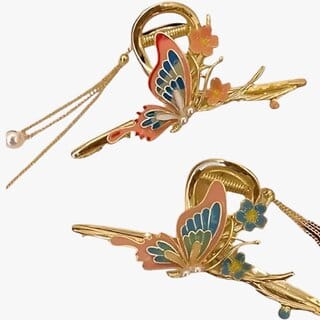 Pink Butterfly Hair Clip  Gold Metal with Pearl Chains