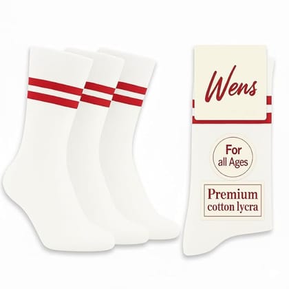 Wens White School Socks With Strips for Girls, Boys, Kids and Men of All Ages (Pack of 3) | Heavy Elastic, Streachable & Comfortable Fit | Calf Length Uniform Socks | Anti Odour  White with red stripes