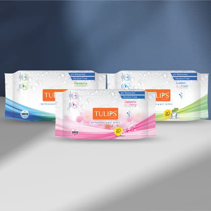 Tulips Refreshing Wet Wipes With Different Fragrances- Pack of 3 (20 Wipes Each) Tulips Refreshing Wet Wipes With Different Fragrances- Pack of 3 (20 Wipes Each)