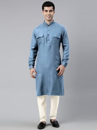 Light Blue Cotton Pathani Kurta Set with Patch pocket-Made To Measure / Only Pathani - No Lowers