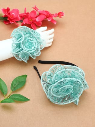 Sequins Flower Bracelet & Hairband Set-Aqua-one Size / Aqua