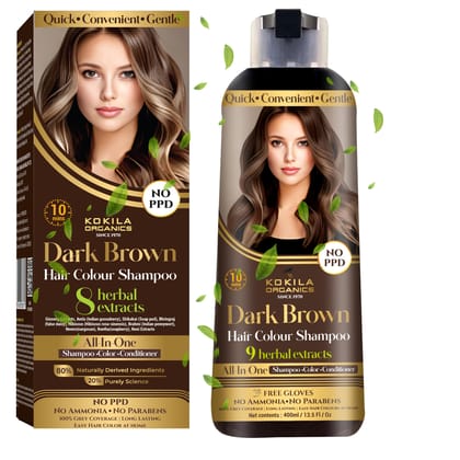 Kokila NO PPD Shampoo Hair Colour - Dark Brown 400ml for Women and Men | Natural Extracts | Colours Hair in 10 Minutes | Ammonia Free, Paraben Free - 10 Pair Free Gloves Kokila NO PPD Shampoo Hair Colour - Dark Brown 400ml for Women and Men | Natural Ext
