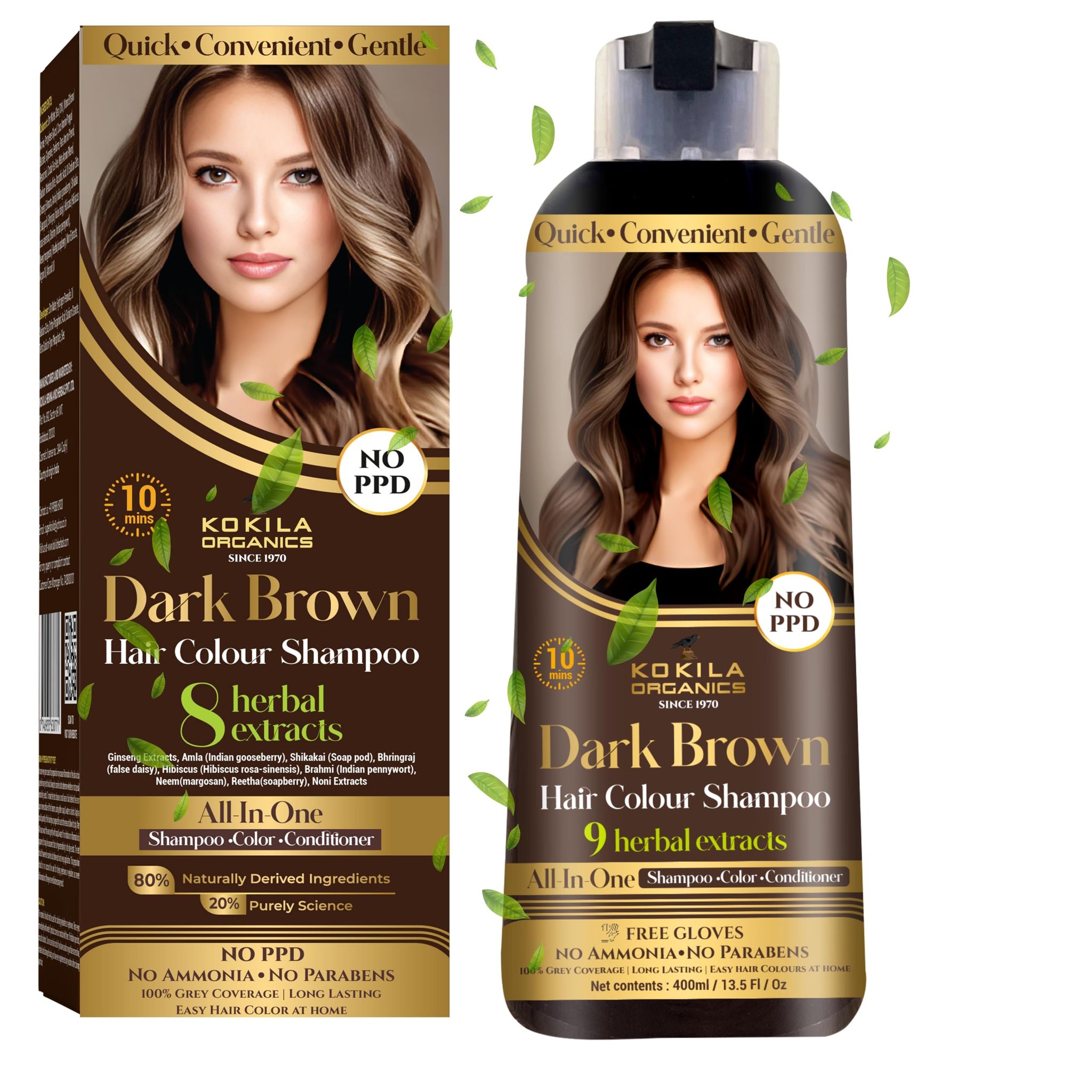 Kokila NO PPD Shampoo Hair Colour - Black 400ml for Women and Men | Natural Extracts | Colours Hair in 10 Minutes | Ammonia Free, Paraben Free - 10 Pair Free Gloves Kokila NO PPD Shampoo Hair Colour - Black 400ml for Women and Men | Natural Extracts | Co