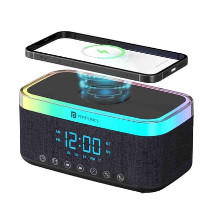 Portronics Trifusion 16W HD Sound Bluetooth Speaker with 15W Wireless Charging, 360B0RGB LED Lights, Digital Clock with Alarm Setting, Built-in White Noise, USB or SD Card or AUX in, Type C Charging (Black)