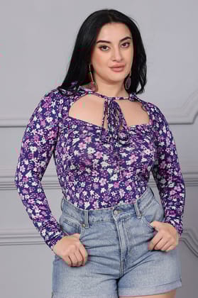 Purple Floral Printed Bodysuit-L / Purple