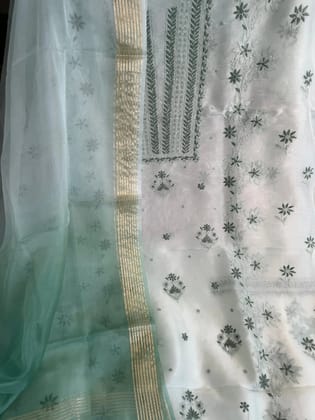 Organza Chikankari Length with Dupatta - Green-Green / Organza / Thread  Work