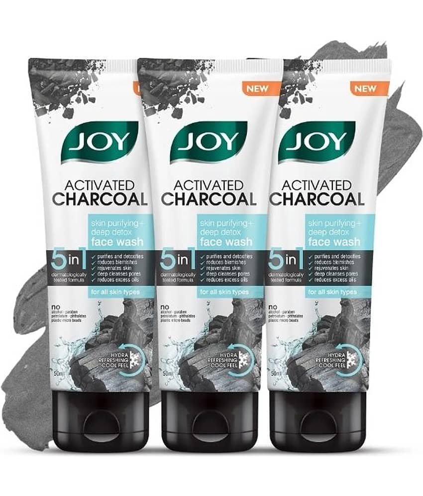 Joy Activated Charcoal Pocket Sized Face Wash for Oily Skin Controls Oil & Removes Dirt & Blackheads 50ml each (Pack of 3)