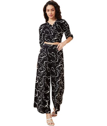 Globus Women Printed Top With Palazzos Co-Ord Set ( Black )