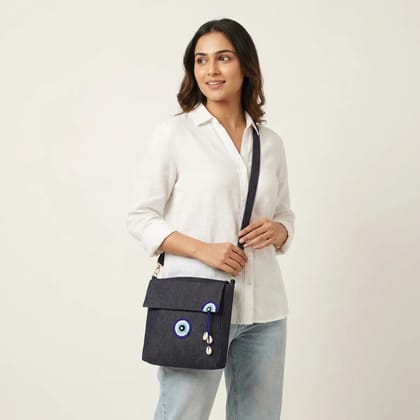 Navy Blue Denim Crossbody Bag With Floral Embellishments 26x22x7 Cm