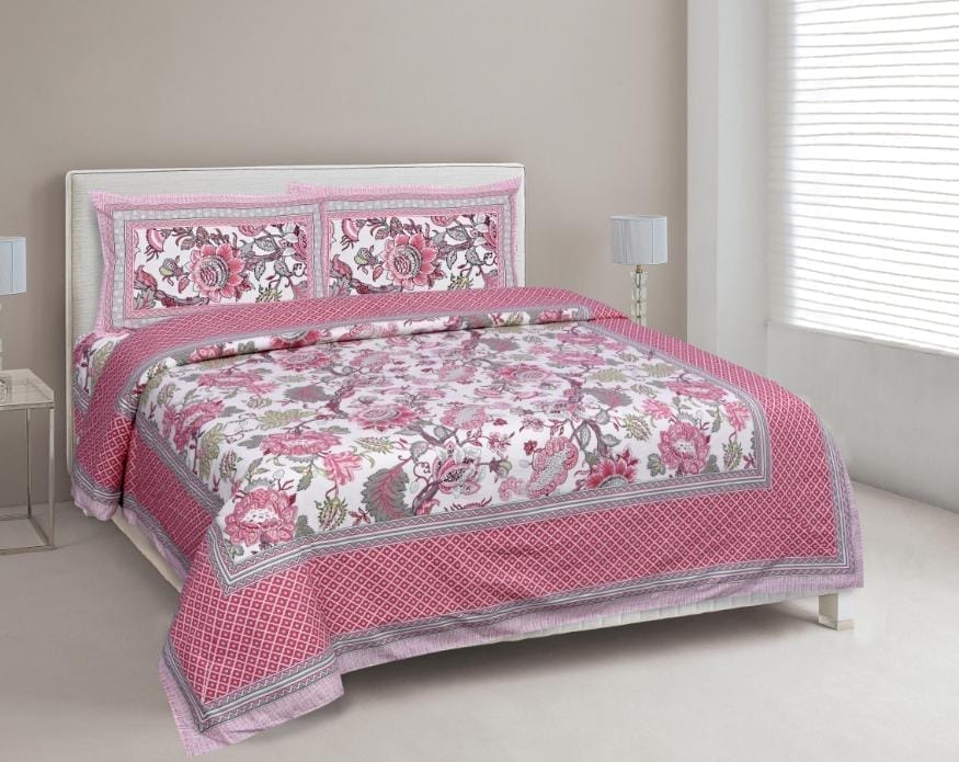 3001-Hometrade India-Standard King Size (90*108 Inches)-Pure Cotton Jaipuri Double Bedsheet With Matching Pillow Cover