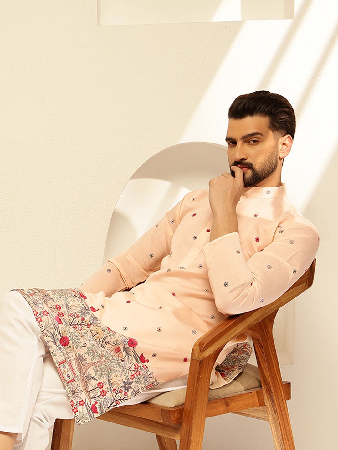 Men's Cotton Silk Daman Embroidered Peach Kurta With White Pyjama-36