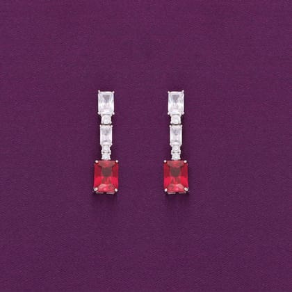 Sterling Silver Baguette Cut Dangler Earrings-Pink Stone / Silver