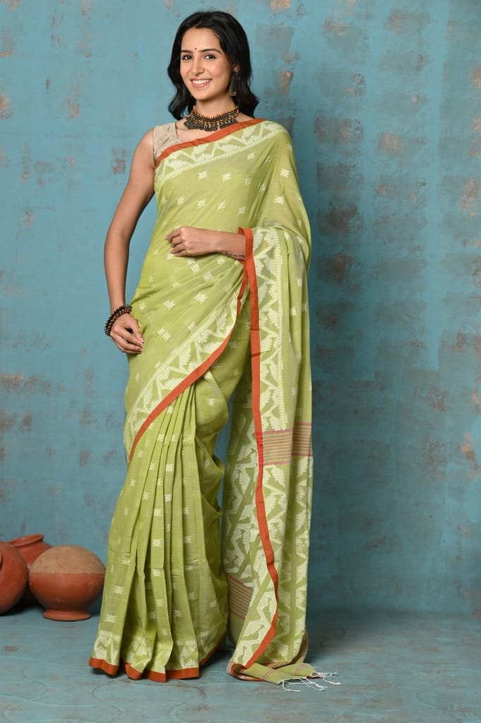Tyohaar ~ Pure Cotton Jamdhani Natural Dye Handblock Printed Saree - Lime Green - Sarees | Buy online on ZillyBuy