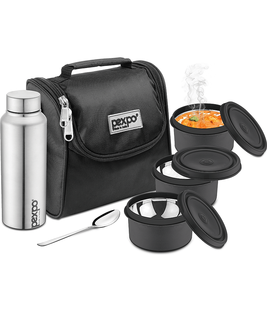 PEXPO Steel Meal Box with 500 ml Water Bottle, 3 Containers, 1 Spoon, Ultra Lunch Box