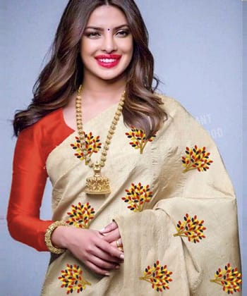 Red and Cream Colored Party wear Embroidered South Silk Saree