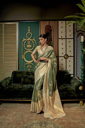 Moss Green And Beige Silk Zari Base Handloom Weaving Saree