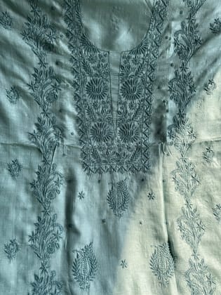 Pure Tussar Silk Chikankari Length with Dupatta - Teal Green-Teal Green / Tussar silk / Cotton Threadwork Chikankari