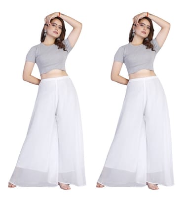 Generic Women's Georgette Solid High-Rise Wide Leg Flared Palazzo Pants with Elastic Waist, Ankle Length Trousers for Daily, Office and Casual Wear (White, S, Pack of 2, Design 67546)