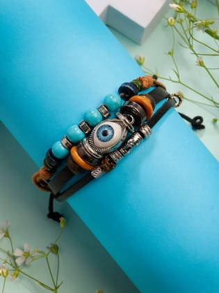 NVR Men's Evil Eye Multi-Coloured Leather Wraparound Bracelet-Onesize / Multi / Leather