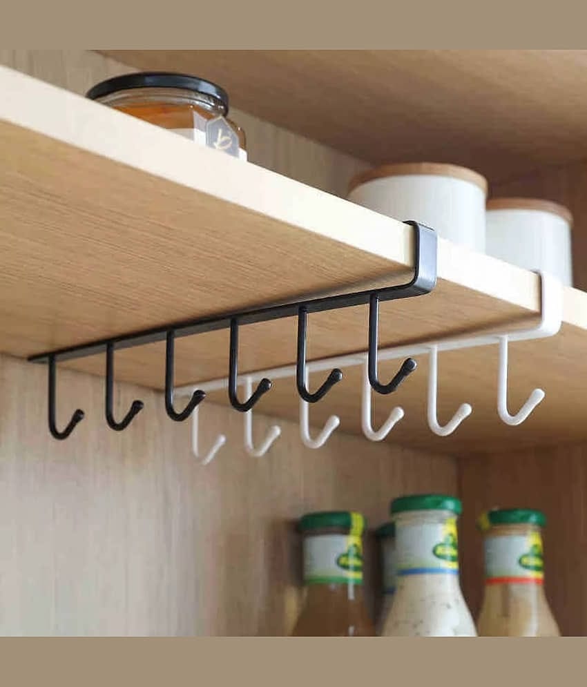 Multifunctional 6 Stainless Steel Door Organizer/Hook Hanger Mug Cup Holder Rack Organizer Stand for Kitchen Counter, Cabinet, Table with 6 Hooks - Black