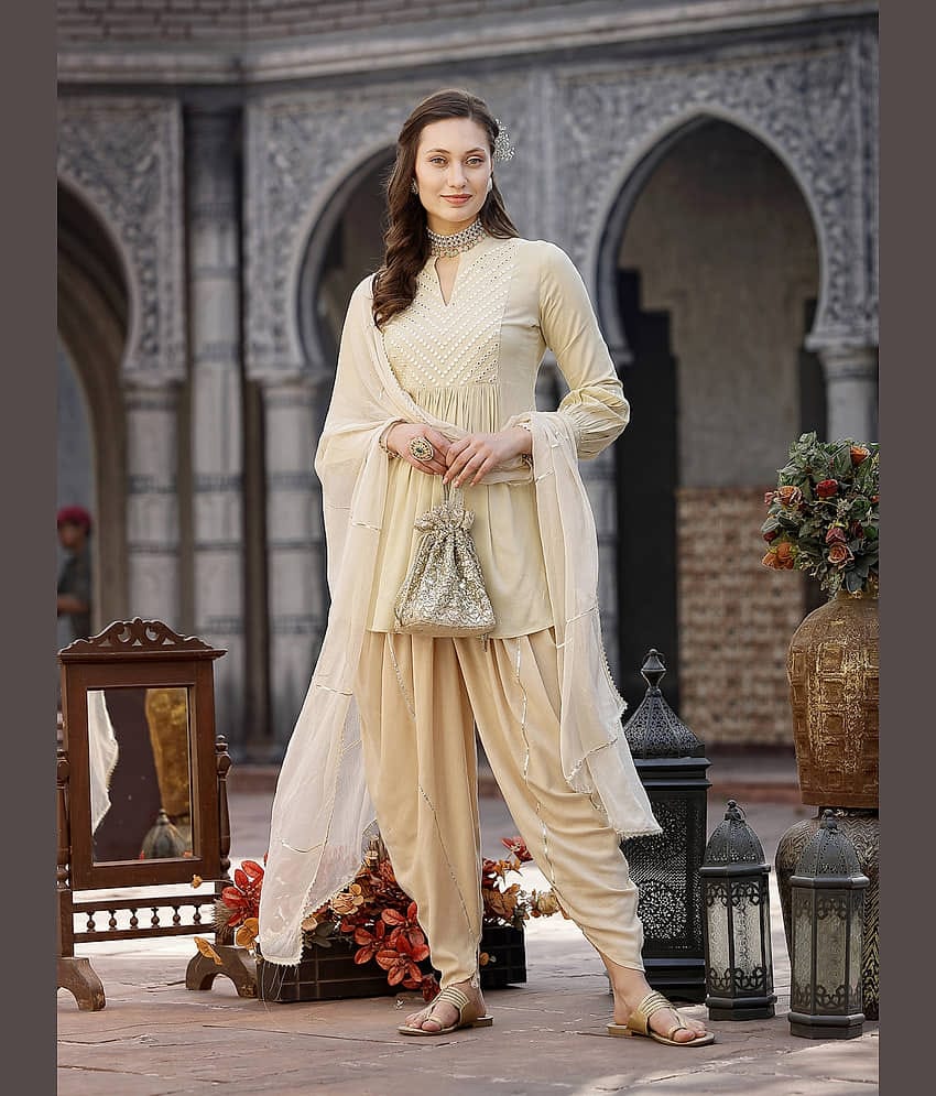 Stylum Rayon Embroidered Kurti With Dhoti Pants Women's Stitched Salwar Suit - Cream ( Pack of 1 )
