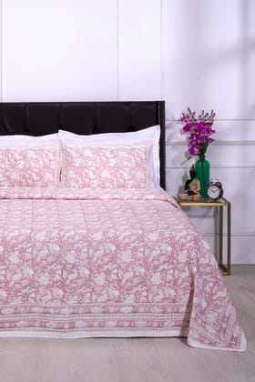 Poonam Bagh Block Printed Cotton Quilted Pink Bedcover-Double: 90 x 108 in / Pink / Pink