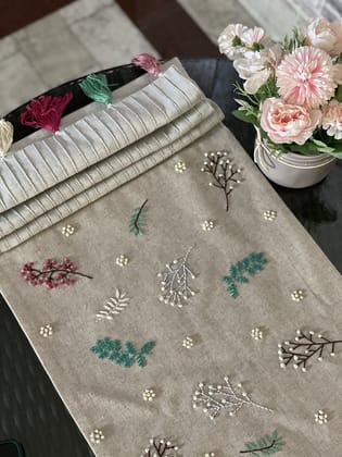 KRI India Bloom Tucked Table Runner | Beige with multi-coloured details | 14x70 inches | Wash & Care | 100% Cotton | Handcrafted in India. 100% organic & natural.
