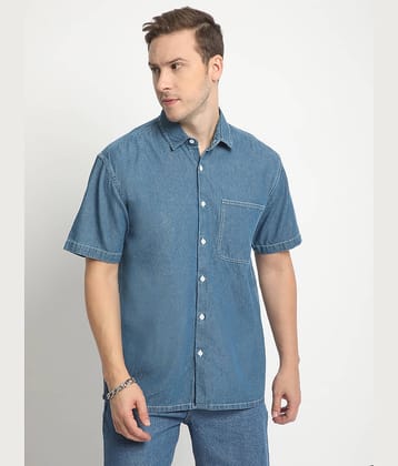 Bene Kleed Boxy Fit Opaque Half Sleeve Denim Shirt With Contrast Stitch