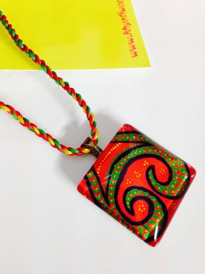 Fuschia-Magic Domed Square Glass Pendant with a Sunshine reverse