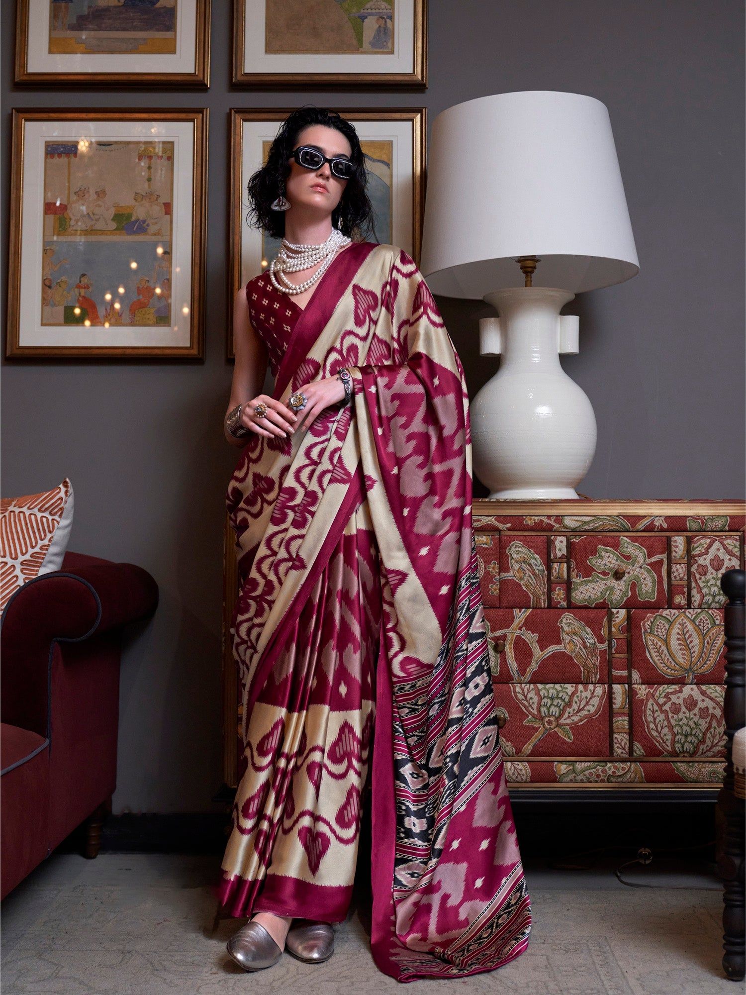 Beige & Dark Magenta Pure Satin Crepe Printed Bollywood Saree