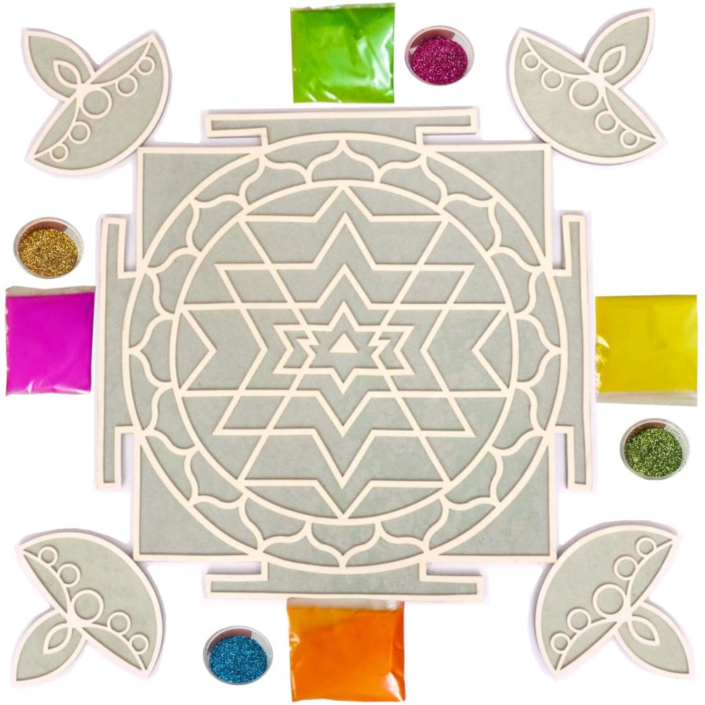 The Brown Box-Island Rangoli-Shree Yantra Diya Design Template, Rangoli Making kit with Colors and Glitter, Reusable, Portable, Floating, Readymade, Easy Rangoli Stencils, Diwali Decor. - Pooja Needs | Buy online on ZillyBuy