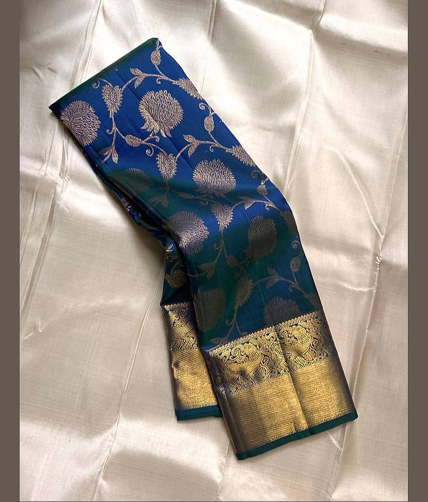 fab woven Art Silk Woven Design Kanjeevaram Sarees With Unstitched Blouse Piece ( Teal )