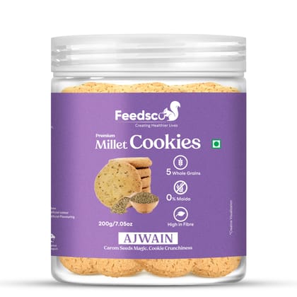 Feedsco Millet Ajwain Cookies - Multigrain, Premium Handmade Healthy Snack Biscuits | No Preservatives | Ideal Kids Snack, Tiffin Box Treat