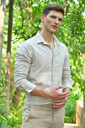 Archie - Cotton Linen Printed Shirt - Beige-XL-44 / BEIGE