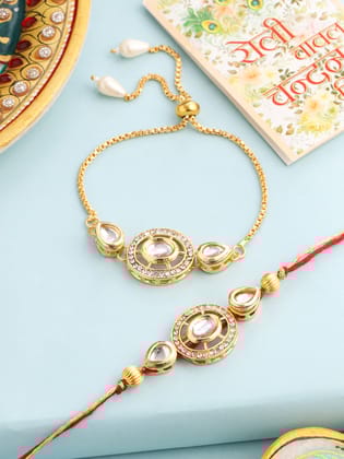 NVR Set of 2 Gold Toned Kundan Studded Bhaiya Bhabhi Rakhi with Roli Chawal Chandan & Mishri-One Size / Gold
