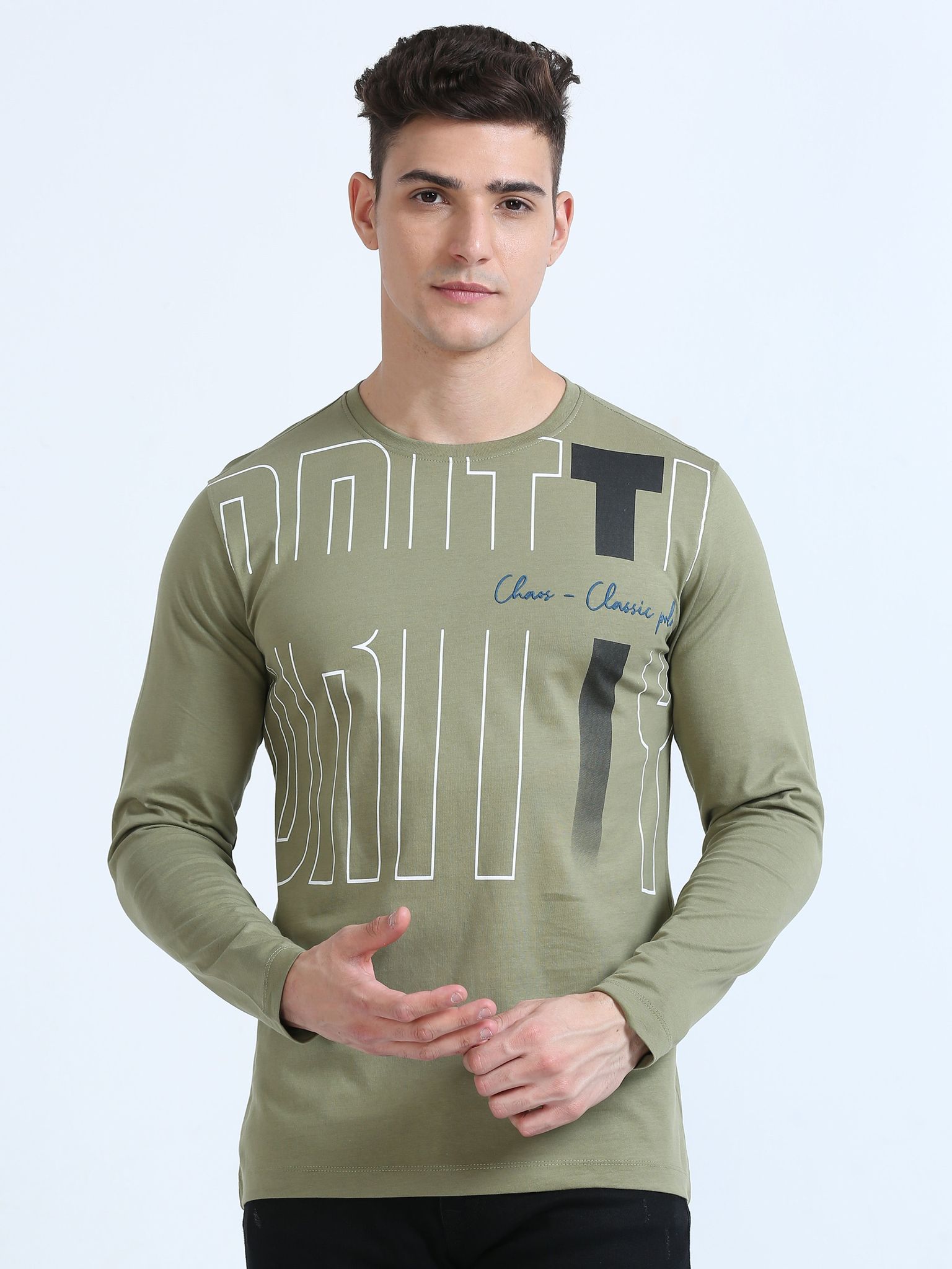 Classic Polo Men's Round Neck Cotton Olive Slim Fit Printed T-Shirt | BALENO FS-590A SFC