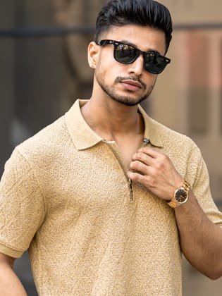 Croshia knit Beige Half Zip Polo T-Shirt-S