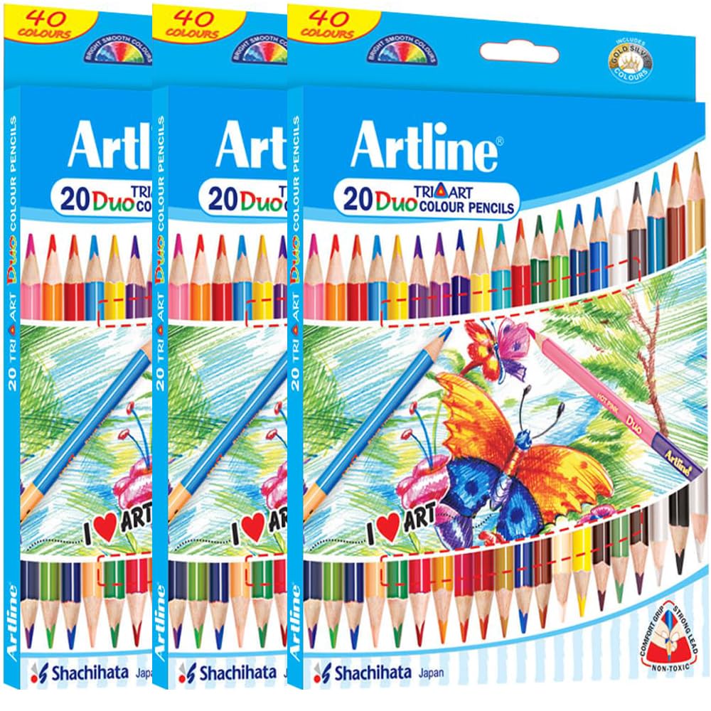 Artline DUO Art Colour Pencils set of 20 with Free 7 inch Brush Inside X 3 Packs | Excellent Colour Mixing & Blending