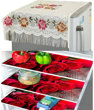 Crosmo Polyester Floral Printed Fridge Mat & Cover ( 99 53 ) Pack of 4 - Multicolor