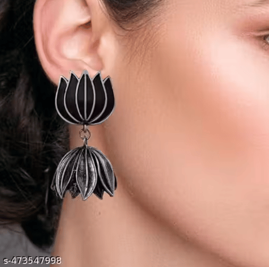 Lotus Jhumki Earring | JHUMKA Earrings for Women and Girls | Traditional Silver Oxidised Earrings