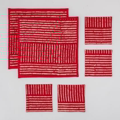 Dabu Hand Printed Striped Rust Color Fabric Trivet & Coasters - Set of 6-Rust / 100% Cotton / 8 Inches x 8 Inches & 4 Inches x 4 Inches